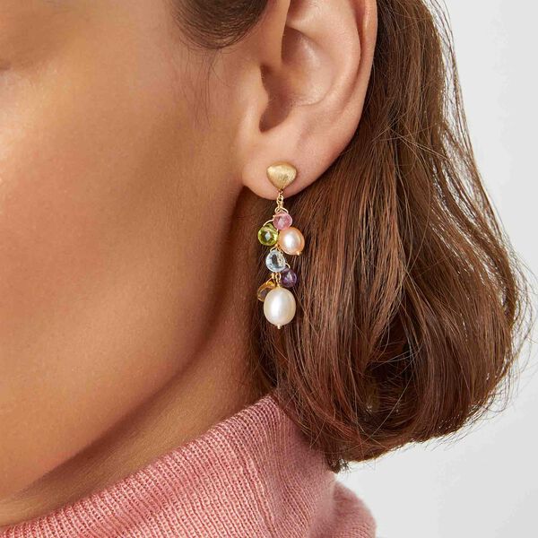 Paradise Yellow Gold, Semi-Precious Gemstone and Pearl Drop Earrings